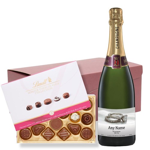 Personalised Champagne - Engagement Ring Label and Lindt Master Chocolatier Hamper – Premium Gift